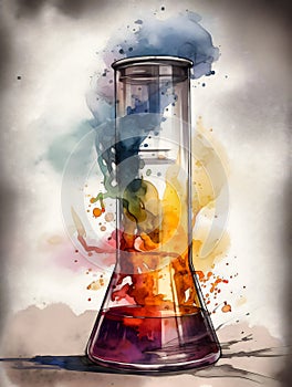 ÃÂ¡lose-up of a glass flask for chemical experiments with smoke coming out of it in a highly detailed watercolor style. AI photo